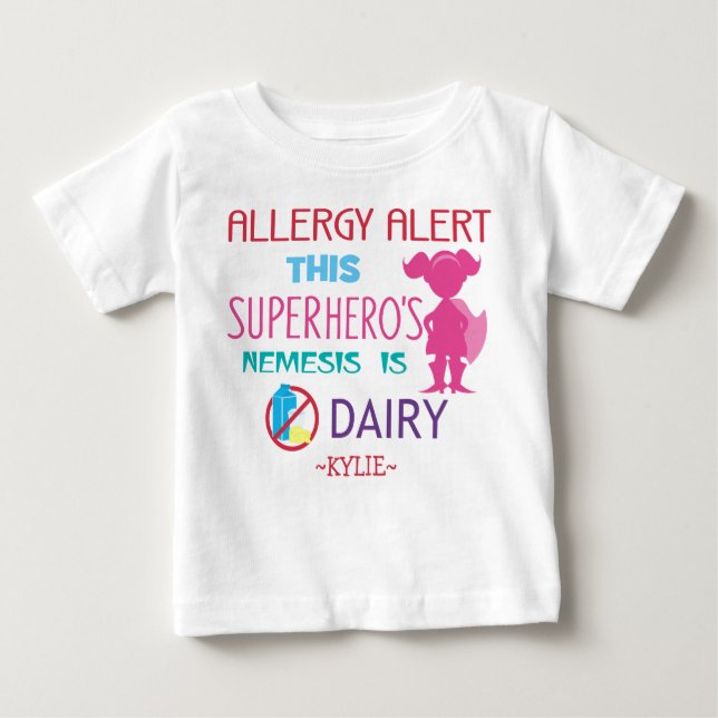 T-shirt Pour Bébé Super-héroïnes filles alerte allergie au lait rose (Devant)