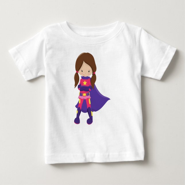 T-shirt Pour Bébé Superhero Girl, cheveux Brown, mignonne fille, cap (Devant)