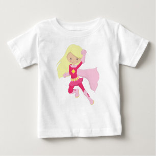 T-shirt Pour Bébé Superhero Girl, Mignonne Girl, Cheveux Blonde, Cap