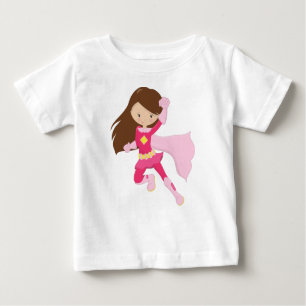 T-shirt Pour Bébé Superhero Girl, Mignonne Girl, Cheveux Brown, Cap