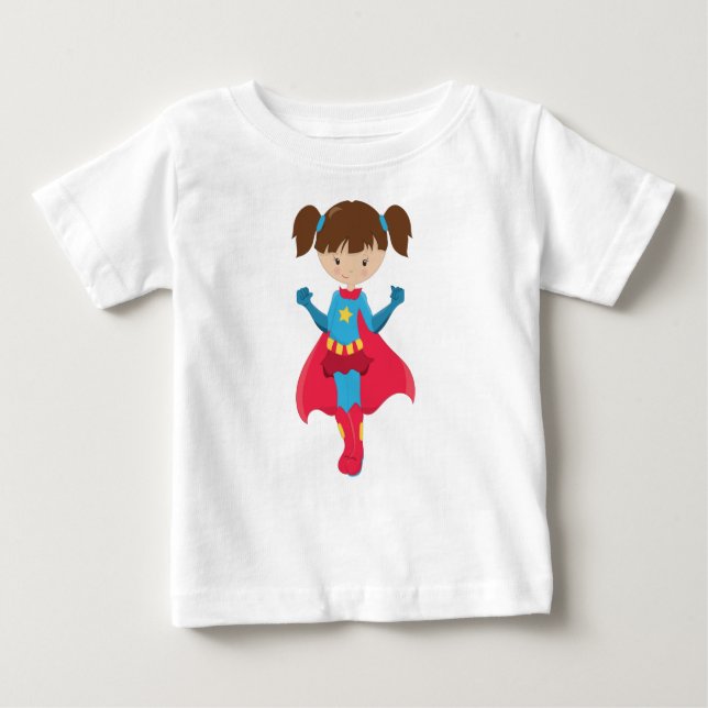 T-shirt Pour Bébé Superhero Girl, Mignonne Girl, Cheveux Brown, Red  (Devant)