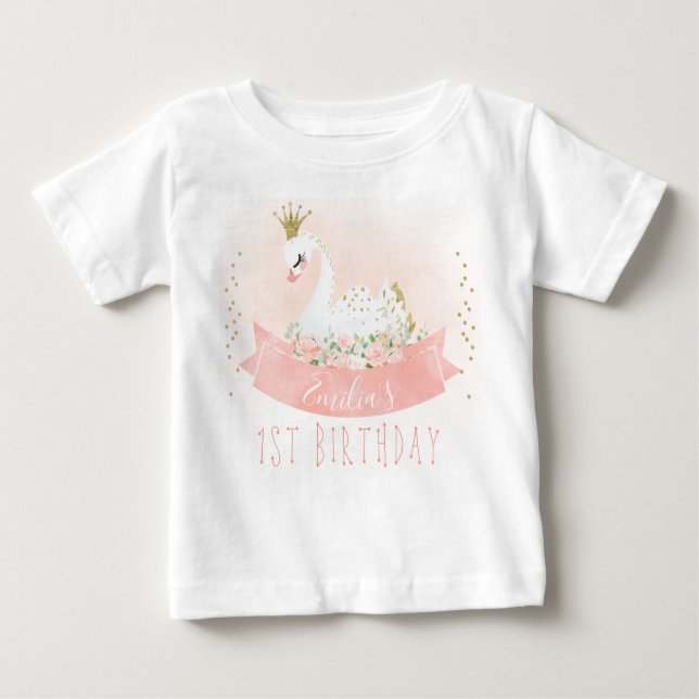 T-shirt Pour Bébé Swan rose Floral Princesse 1er Anniversaire T-shir (Devant)