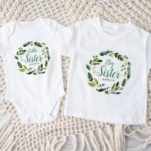 T-shirt Pour Bébé Sweet Greenery Floral Grand Nom de la soeur Monogr