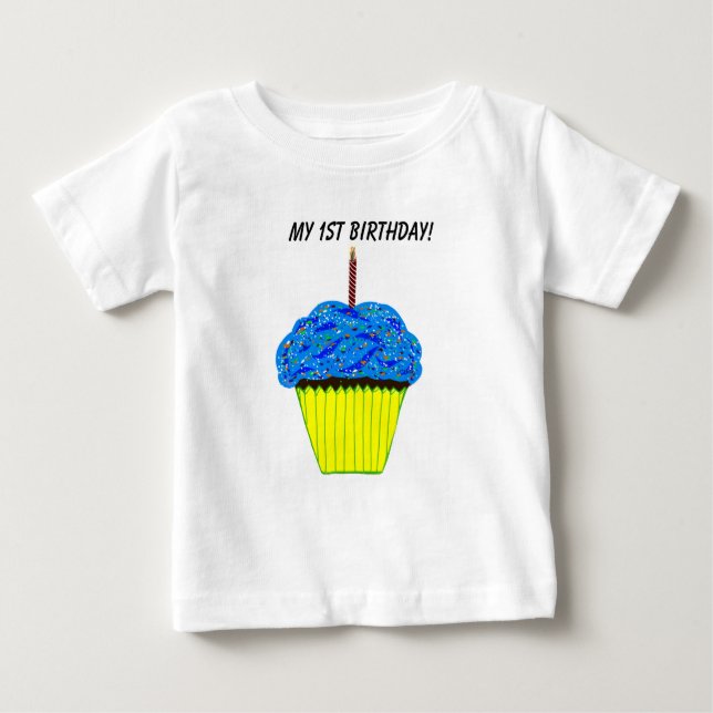 T-shirt Pour Bébé T-shirt bébé 1er anniversaire bleu Cupcake (Devant)