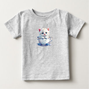 T-shirt Pour Bébé T-shirt bébé avec chaton dans une tasse fleurs ble