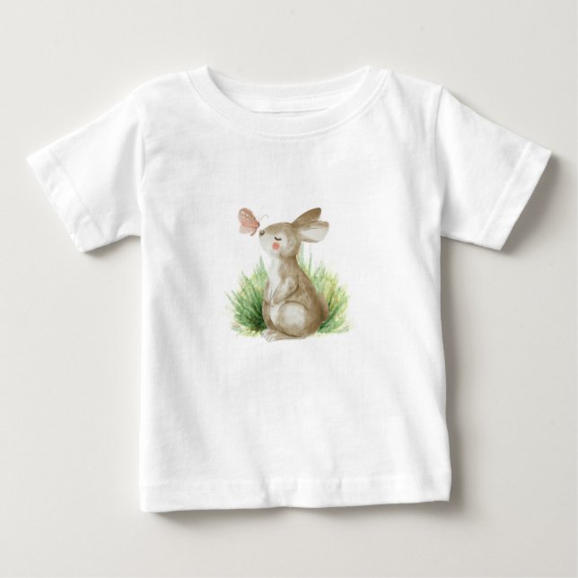 T-shirt Pour Bébé T-shirt bébé avec lapin et papillon. (Devant)