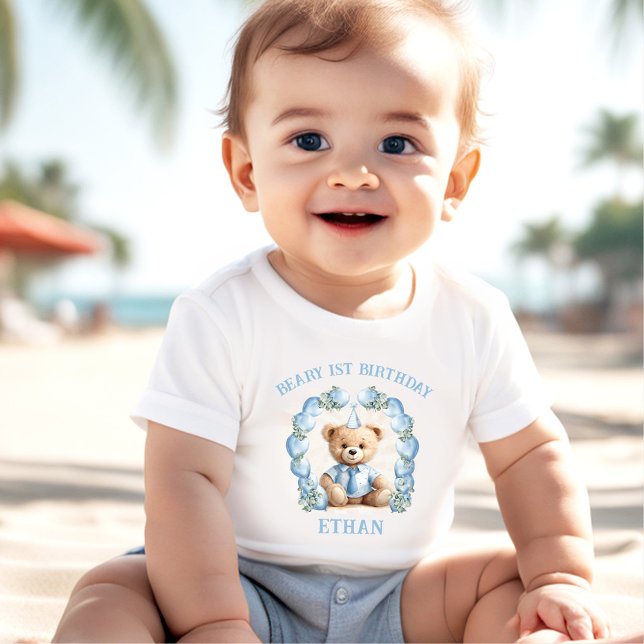 T-shirt Pour Bébé T-shirt bébé ours 1er anniversaire bleu beige (Beary 1st Birthday Bear Blue Beige Boy Baby T-shirt)