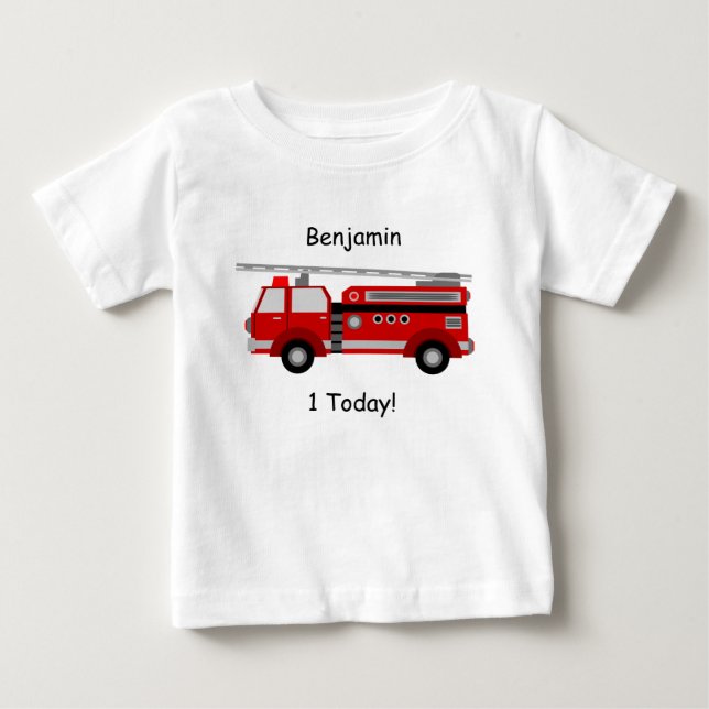 T-shirt Pour Bébé T-shirt de bébé avec le camion de pompiers, le nom (Devant)