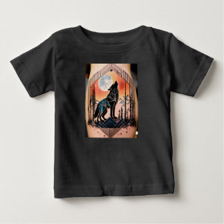 T-shirt Pour Bébé Tatouage géométrique du loup avec paysage nocturne