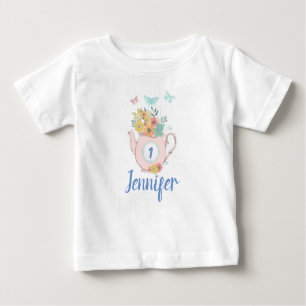 T-shirt Pour Bébé Teapot rose avec Fleurs et Papillons Anniversaire