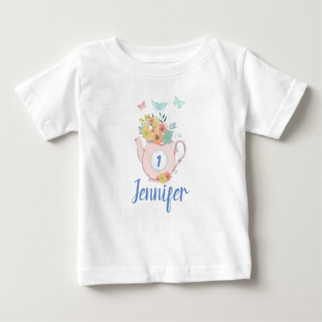 T-shirt Pour Bébé Teapot rose avec Fleurs et Papillons Anniversaire (Devant)