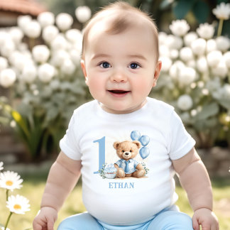 T-shirt Pour Bébé Teddy Bear 1er Anniversaire Bleu Beige Baby T-shir