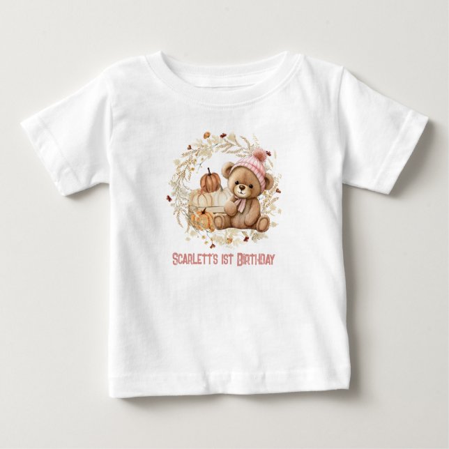 T-shirt Pour Bébé Teddy Bear Automne 1er Anniversaire Citrouille Nom (Devant)