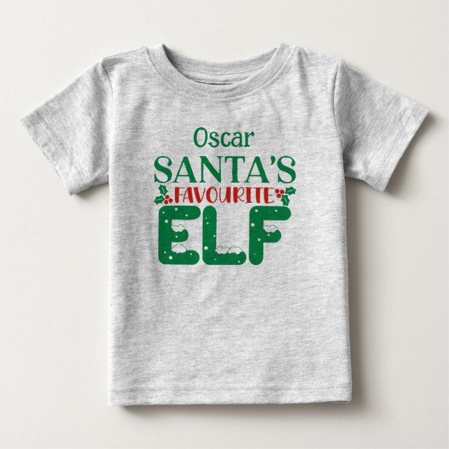 T-shirt Pour Bébé Tête de Noël Père Noël Elfe Favorite . Nom modifia (Devant)