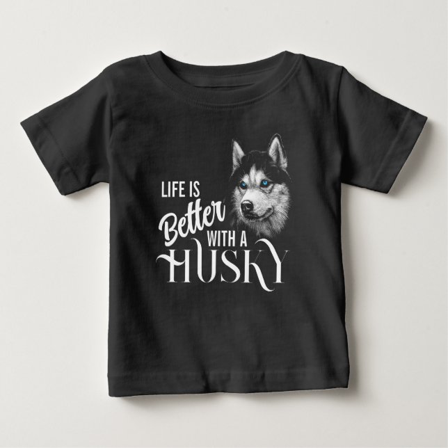 T-shirt Pour Bébé Tête de portrait Husky Sibérien Avec Yeux Bleus (Devant)