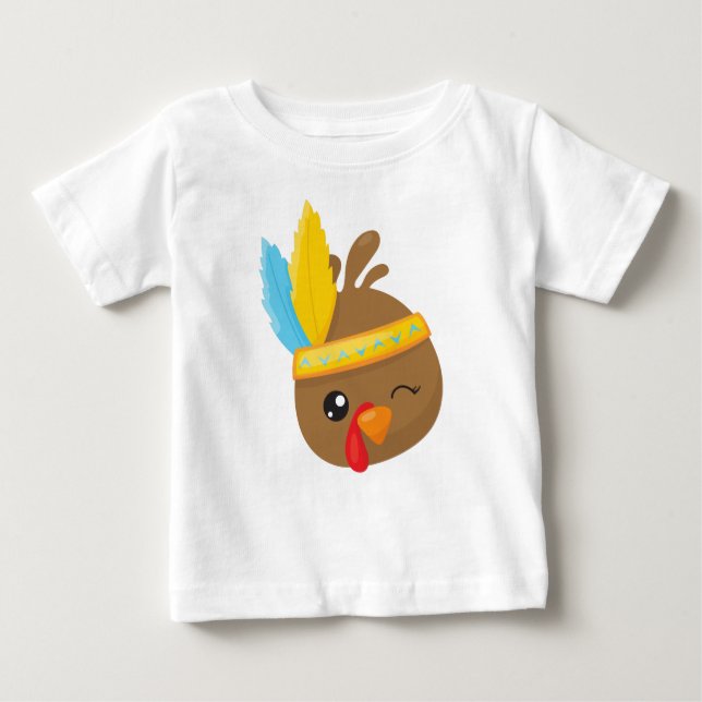 T-shirt Pour Bébé Thanksgiving Turquie, Turquie Brown, Plumes (Devant)
