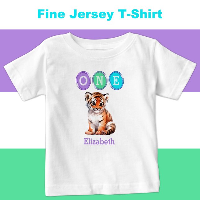 T-shirt Pour Bébé Tigre 1er anniversaire un avec nom violet (Créateur téléchargé)