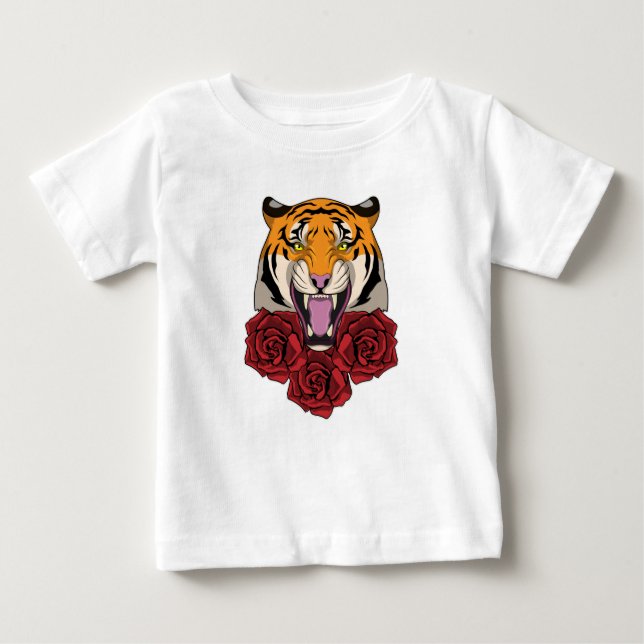 T-shirt Pour Bébé Tigre avec Rose (Devant)