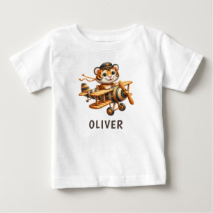T-shirt Pour Bébé Tigre blanc mignon volant enfant sur un avion
