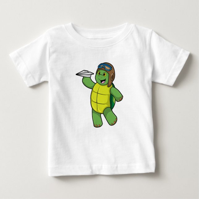 T-shirt Pour Bébé Tortue comme pilote avec avion en papier (Devant)