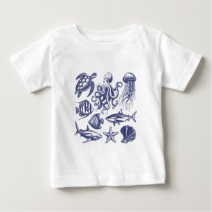 T-shirt Pour Bébé Tortue de plage d'été Poisson Requin Octopus Coqui