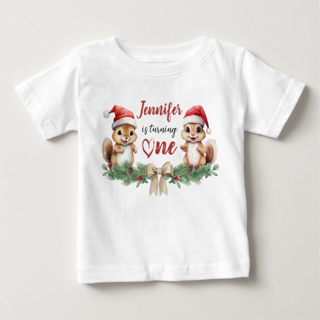 T-shirt Pour Bébé Tourne-en un | Noël écureuil 1er anniversaire (Devant)