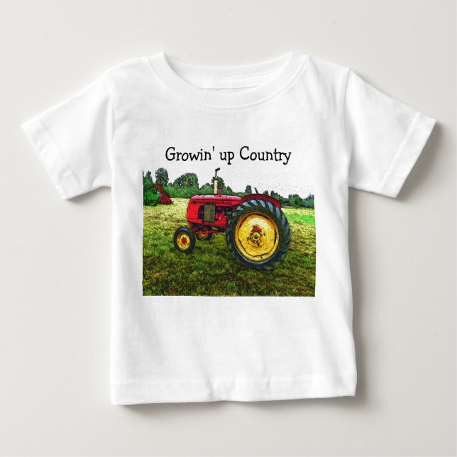 T-shirt Pour Bébé Tracteur rouge et jaune de ferme (Devant)