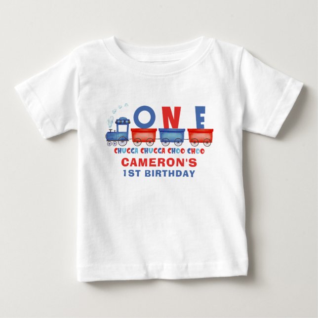 T-shirt Pour Bébé Train Tchou Tchou Rouge Bleu 1er Anniversaire  (Devant)
