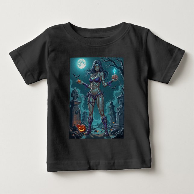 T-shirt Pour Bébé Traite d'Halloween ou ami Zombie w Cerveau (Devant)