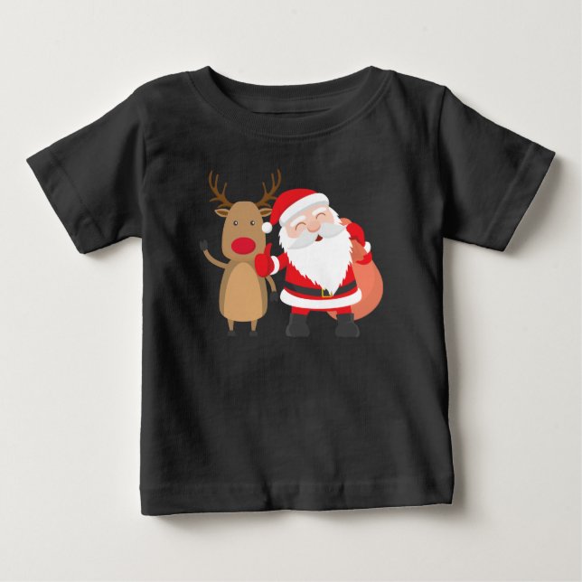 T-shirt Pour Bébé Très beau Père Noël et renne| Chemise (Devant)