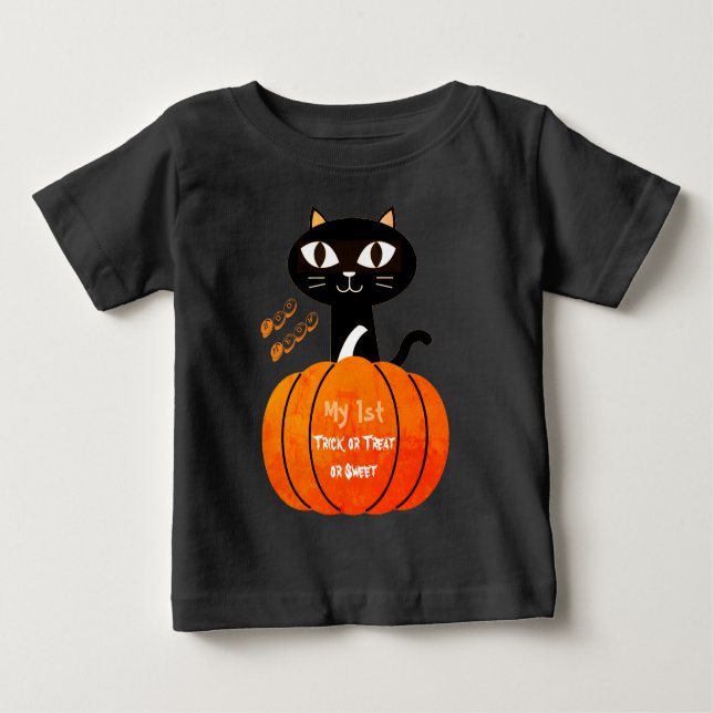 T-shirt Pour Bébé Tricoter ou traiter Chat noir Citrouille Mon 1er H (Devant)