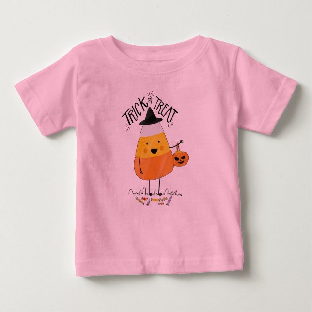 T-shirt Pour Bébé Tricoter ou traiter l'Halloween du maïs bonbon | B (Devant)