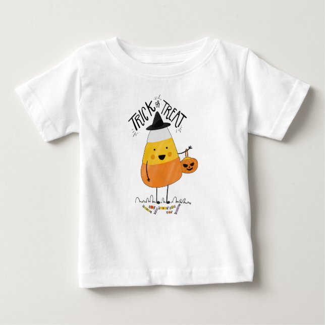 T-shirt Pour Bébé Tricoter ou traiter l'Halloween du maïs bonbon | T (Devant)