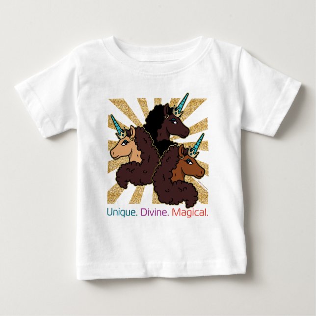 T-shirt Pour Bébé Trio de licornes afro : Unique, divin et magique (Devant)