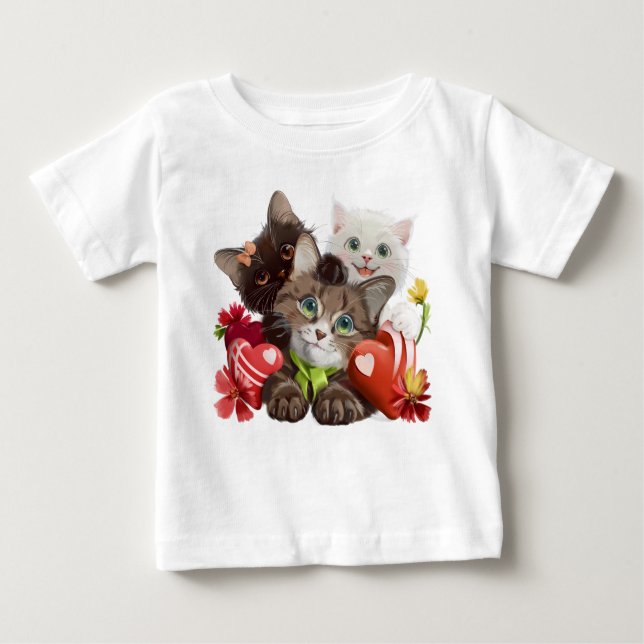 T-shirt Pour Bébé Trois chatons et coeurs (Devant)