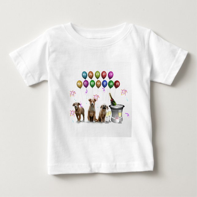 T-shirt Pour Bébé Trois Chiens mignons qui souhaitent une bonne anné (Devant)