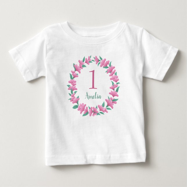 T-shirt Pour Bébé Un an Anniversaire Fille Rose Floral Wreath Baby  (Devant)
