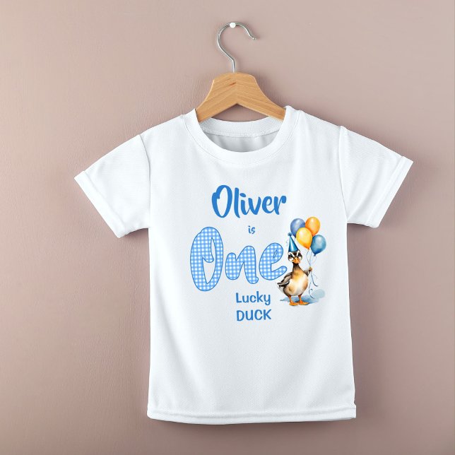 T-shirt Pour Bébé Un canard chanceux bleu en vichy anniversaire impr (One lucky duck blue gingham birthday printed baby T-Shirt birthday photo props )