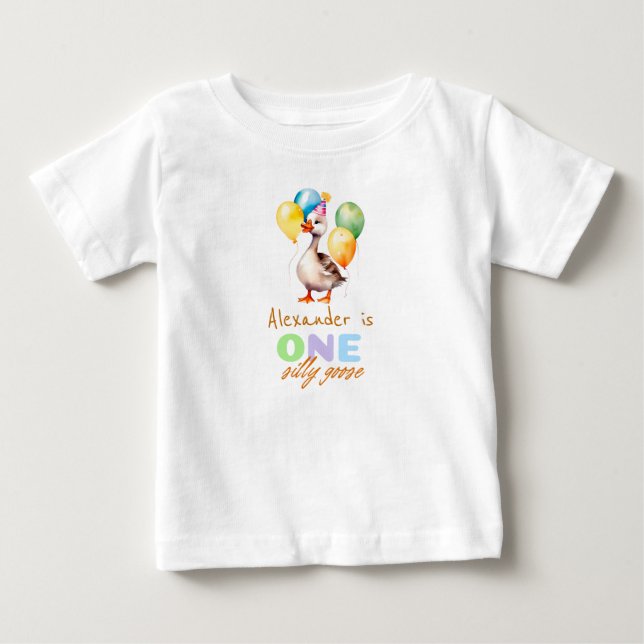 T-shirt Pour Bébé Un Garçon Une Silly Goose Bleu 1er Anniversaire (Devant)