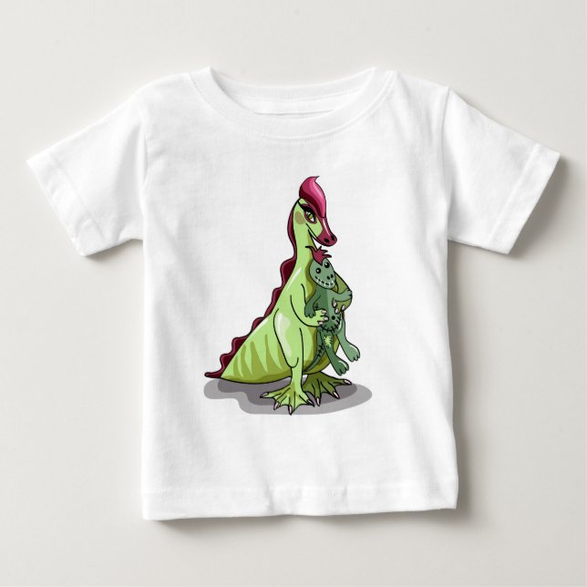 T-shirt Pour Bébé Un Hadrosaurus Féminin Tenant Une Poupée. (Devant)