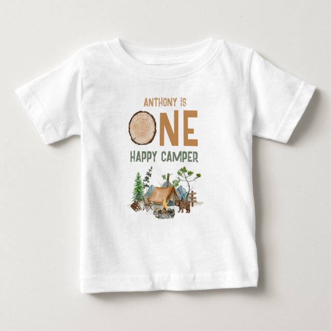T-shirt Pour Bébé Un heureux Camper aquarelle Woodland 1er anniversa (Devant)