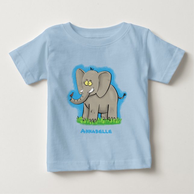 T-shirt Pour Bébé Un joli éléphant drôle avec un oiseau sur le tronc (Devant)