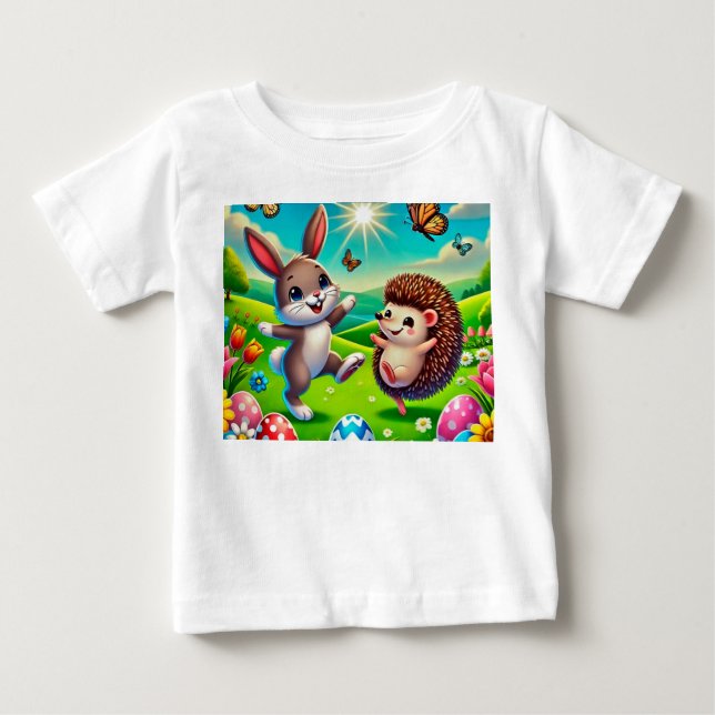 T-shirt Pour Bébé Un lapin et un hérisson heureux (Devant)