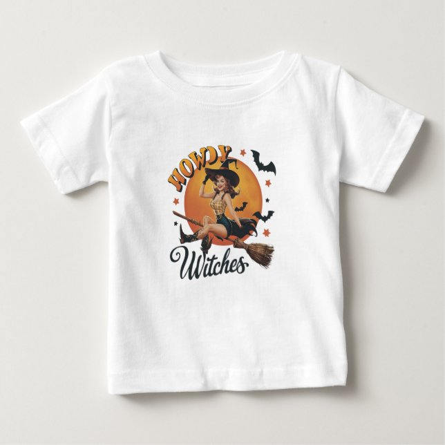 T-shirt Pour Bébé Une sorcière joyeuse à cheval sur un balai (Devant)