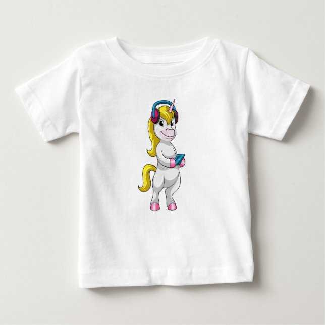 T-shirt Pour Bébé Unicorne à l'écoute de musique avec casque (Devant)