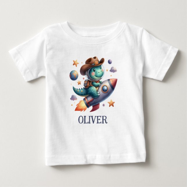 T-shirt Pour Bébé Vache de l'espace mignonne Dinosaure à cheval Fusé (Devant)