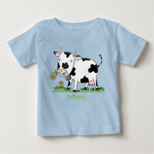 T-shirt Pour Bébé Vache mignonne en vert dessin animé sur le terrain