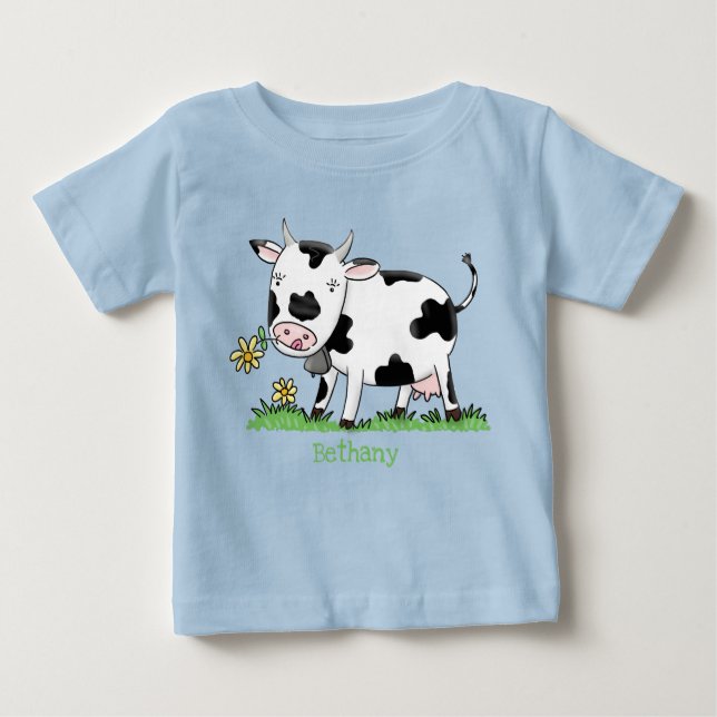 T-shirt Pour Bébé Vache mignonne en vert dessin animé sur le terrain (Devant)
