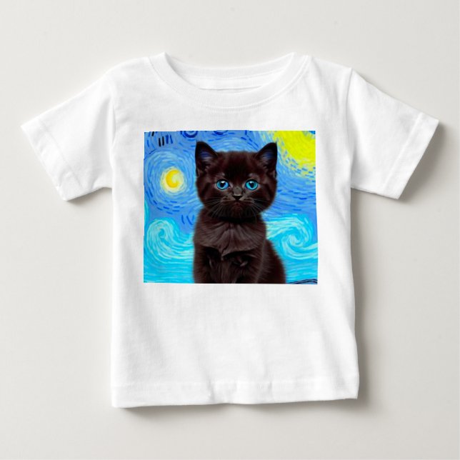 T-shirt Pour Bébé Van Gogh Starry Night Black Cat (Devant)