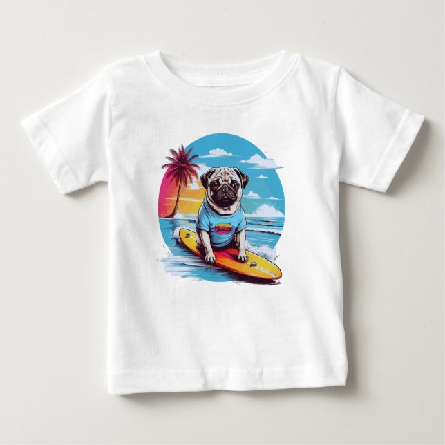 T-shirt Pour Bébé Vector dog surf dans les vagues (Devant)